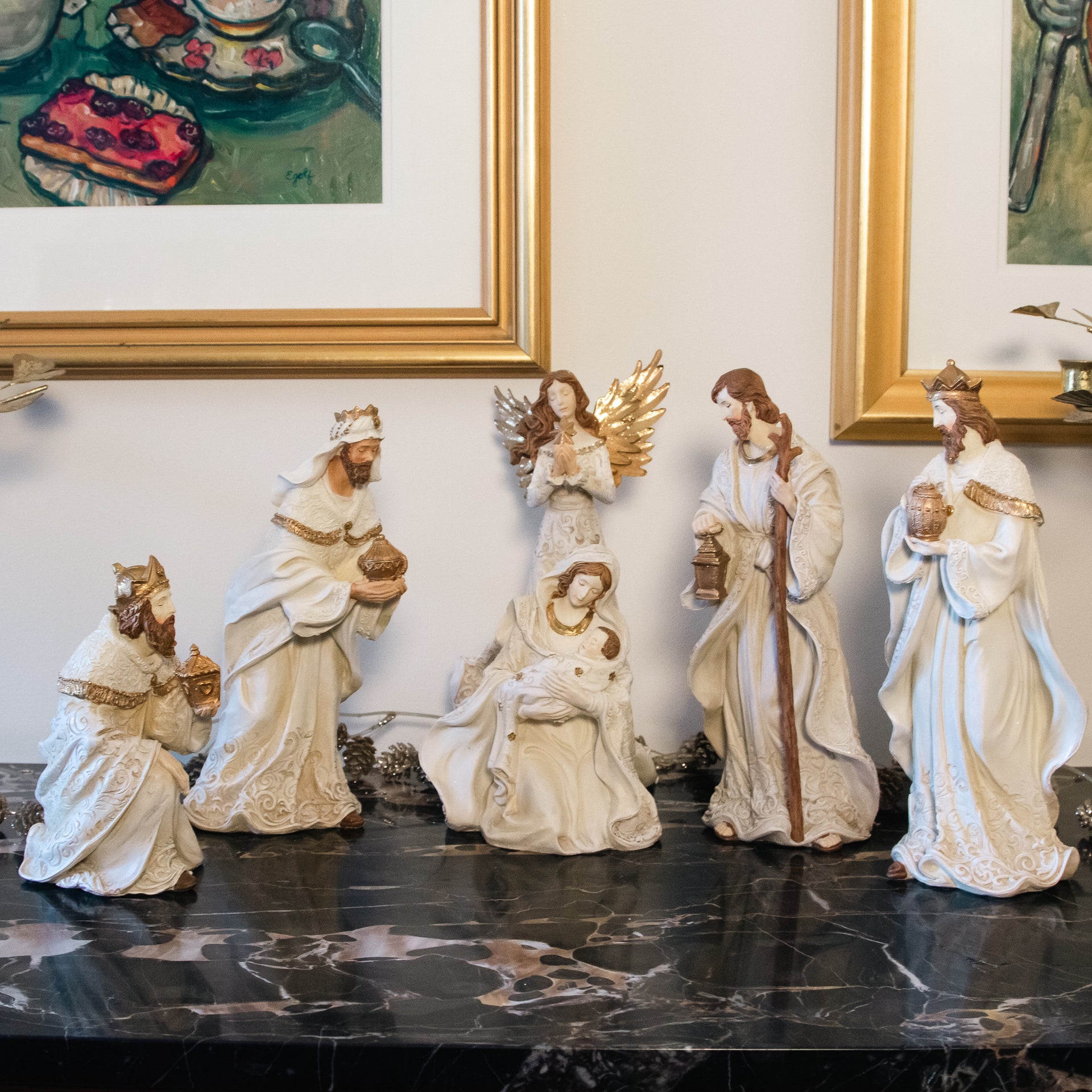 Ivory and Gold Lace Pattern Nativity - 6 Pieces