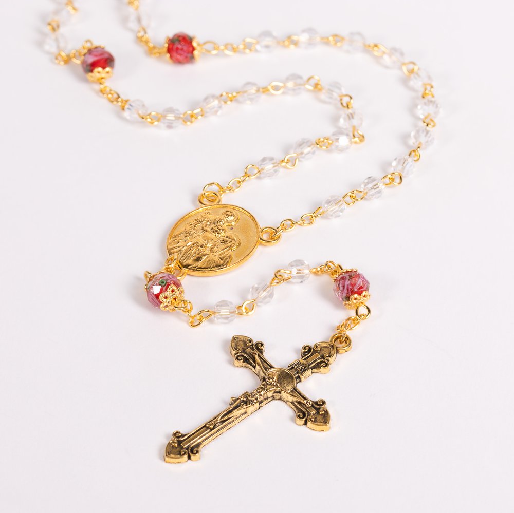 Red Crystal Aurora Borealis Confirmation Rosary With Dove Centerpiece