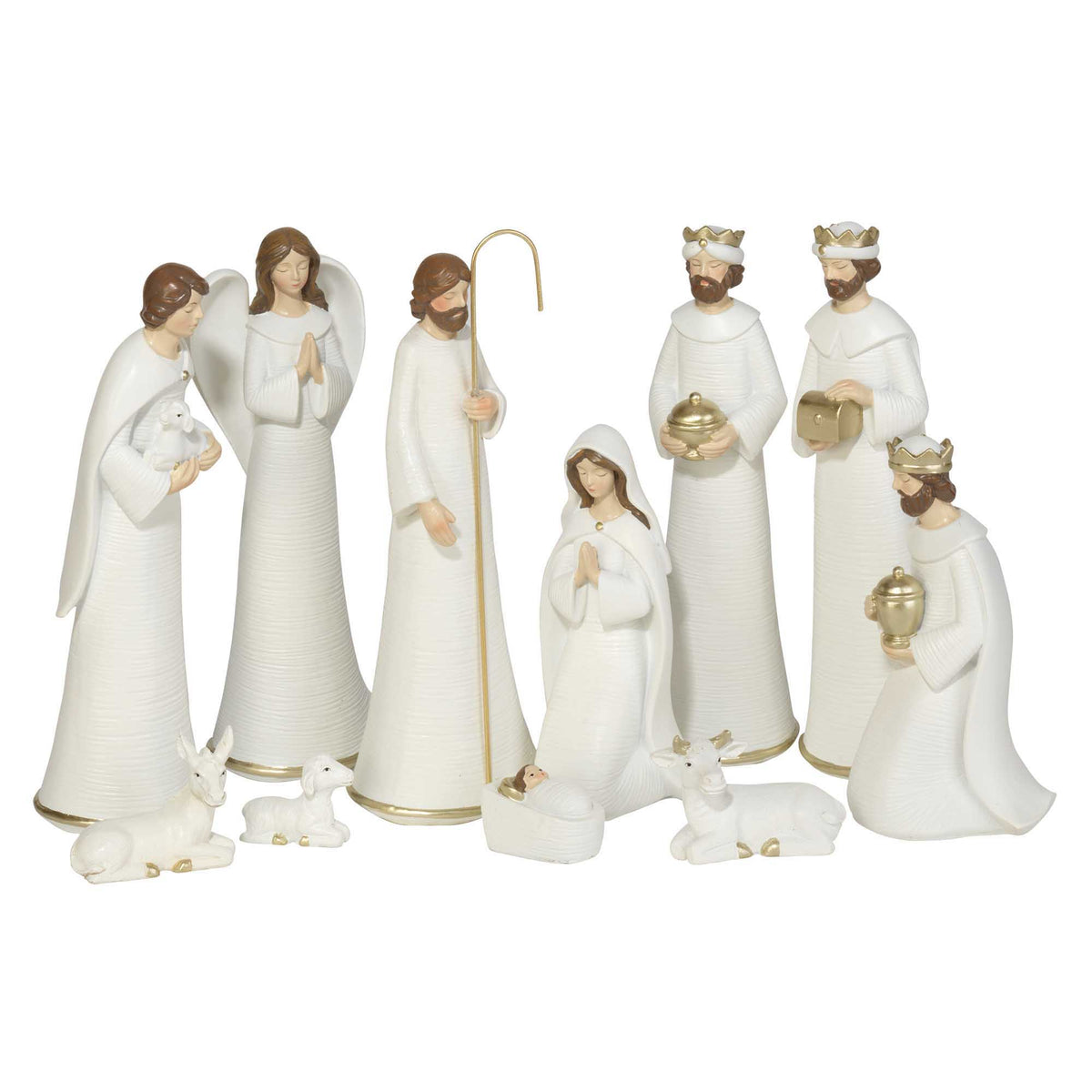 White & Gold Nativity Set with Rustic Creche – 11 Pieces