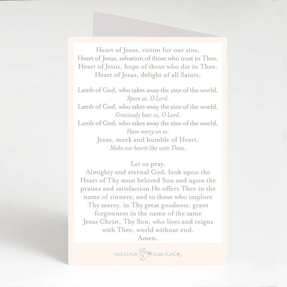 Prayer card featuring religious text, off-white with a peach border and black font.