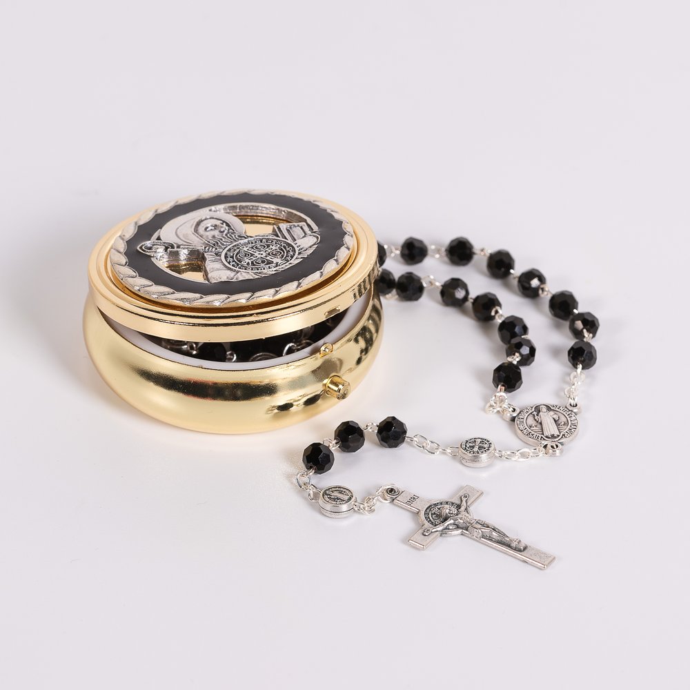 Italian Gray Glass St. Benedict Rosary & St. Benedict Rosary Box Set