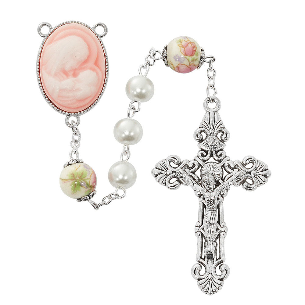 Pink Cameo Madonna & Child Pearl Rosary