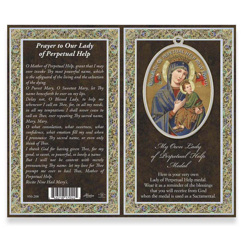 Our Lady of Perpetual Help Pewter Medal Necklace & Prayer Card Pamphlet - 18"