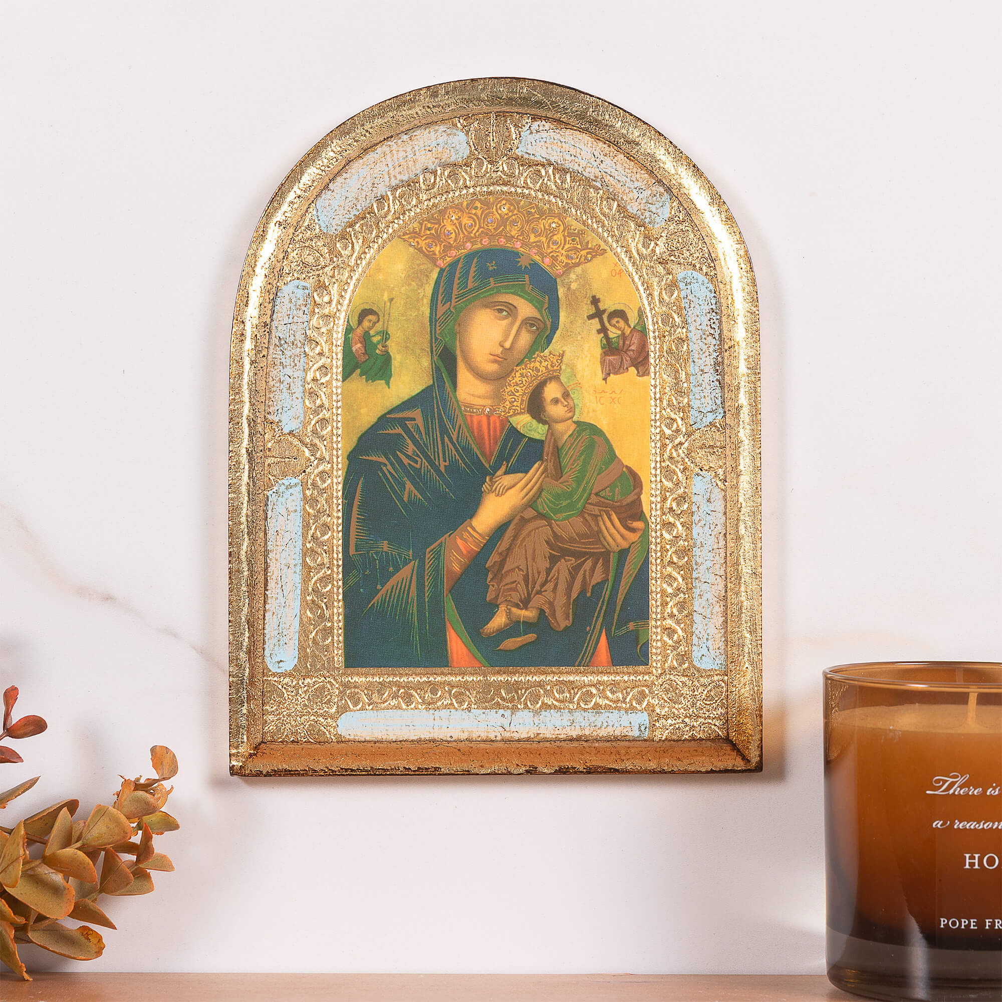 Our Lady of Perpetual Help Gold & Blue Arched Florentine Plaque -  8" x 6"