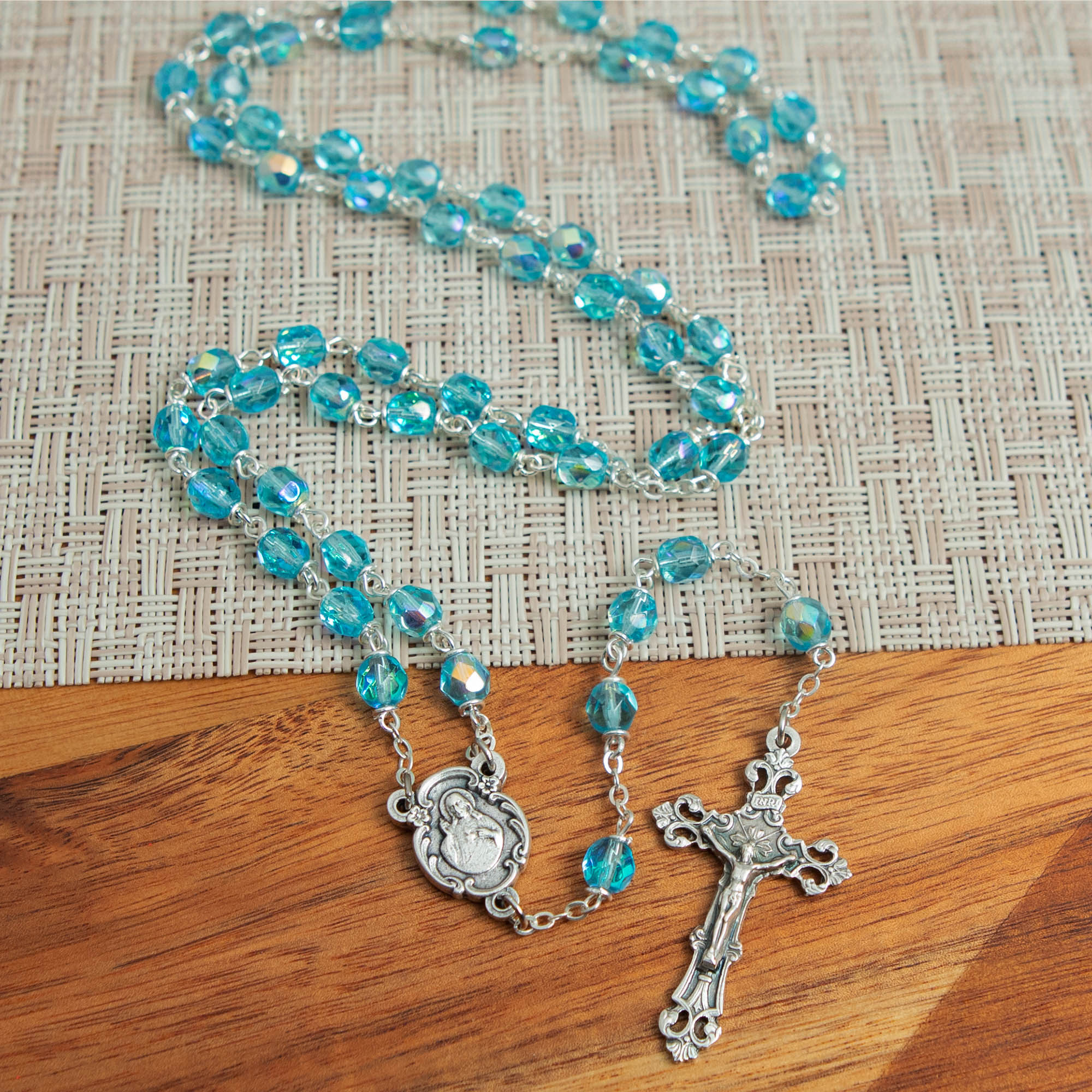 Bohemian Glass Birthstone Rosary – Aqua / March