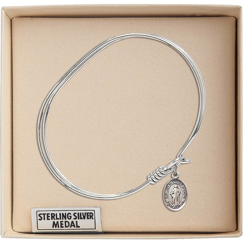 Adult 7" Oval Rhodium Plated Bangle with Our Lady the Undoer of Knots Medal