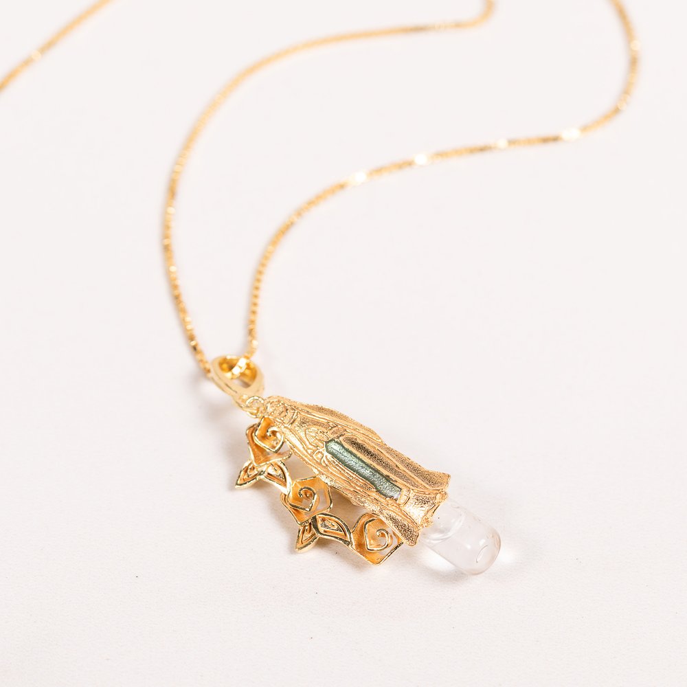 Gold Over Sterling Silver Our Lady of Lourdes Rose Necklace with Lourdes Water