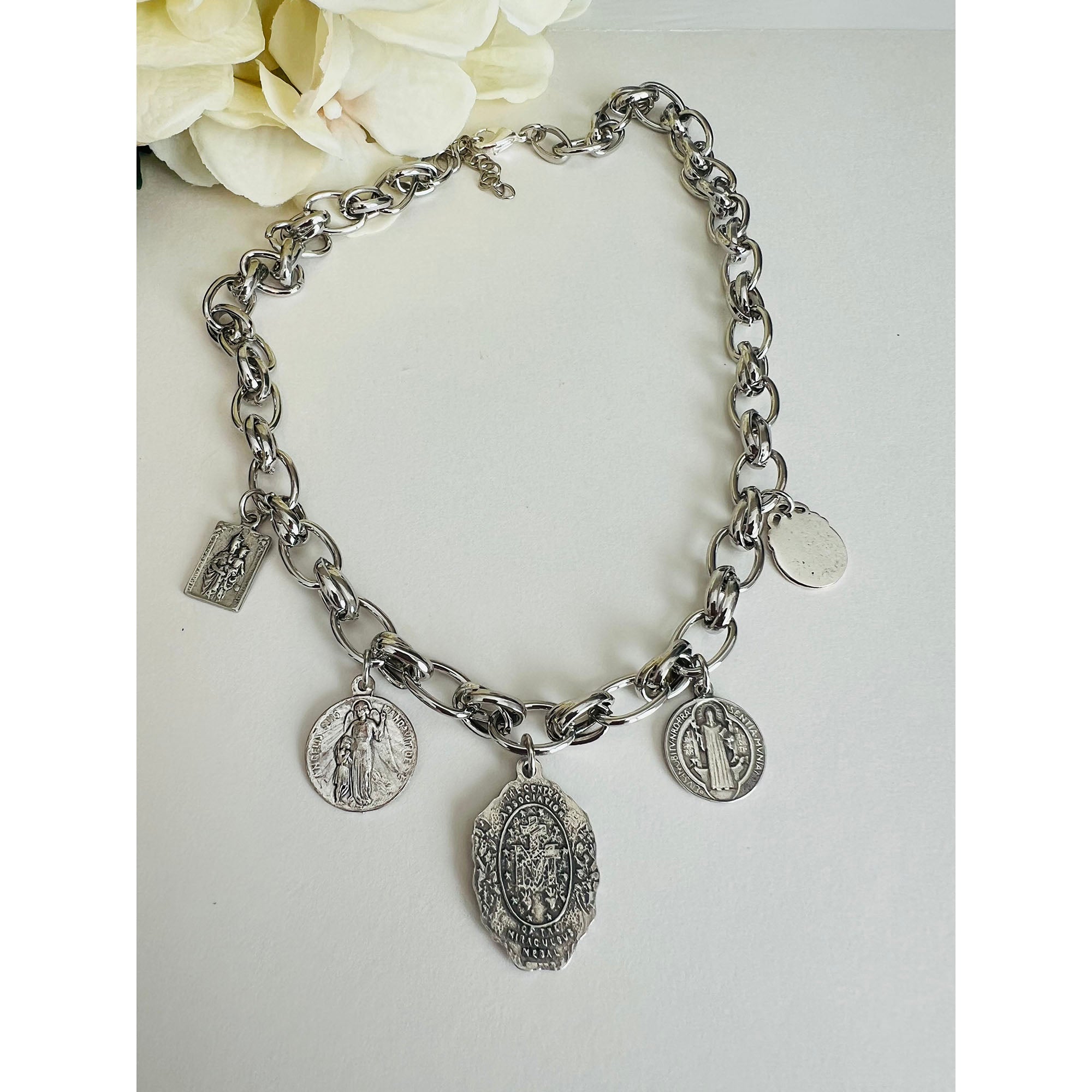Vintage Silver Catholic Charm Necklace