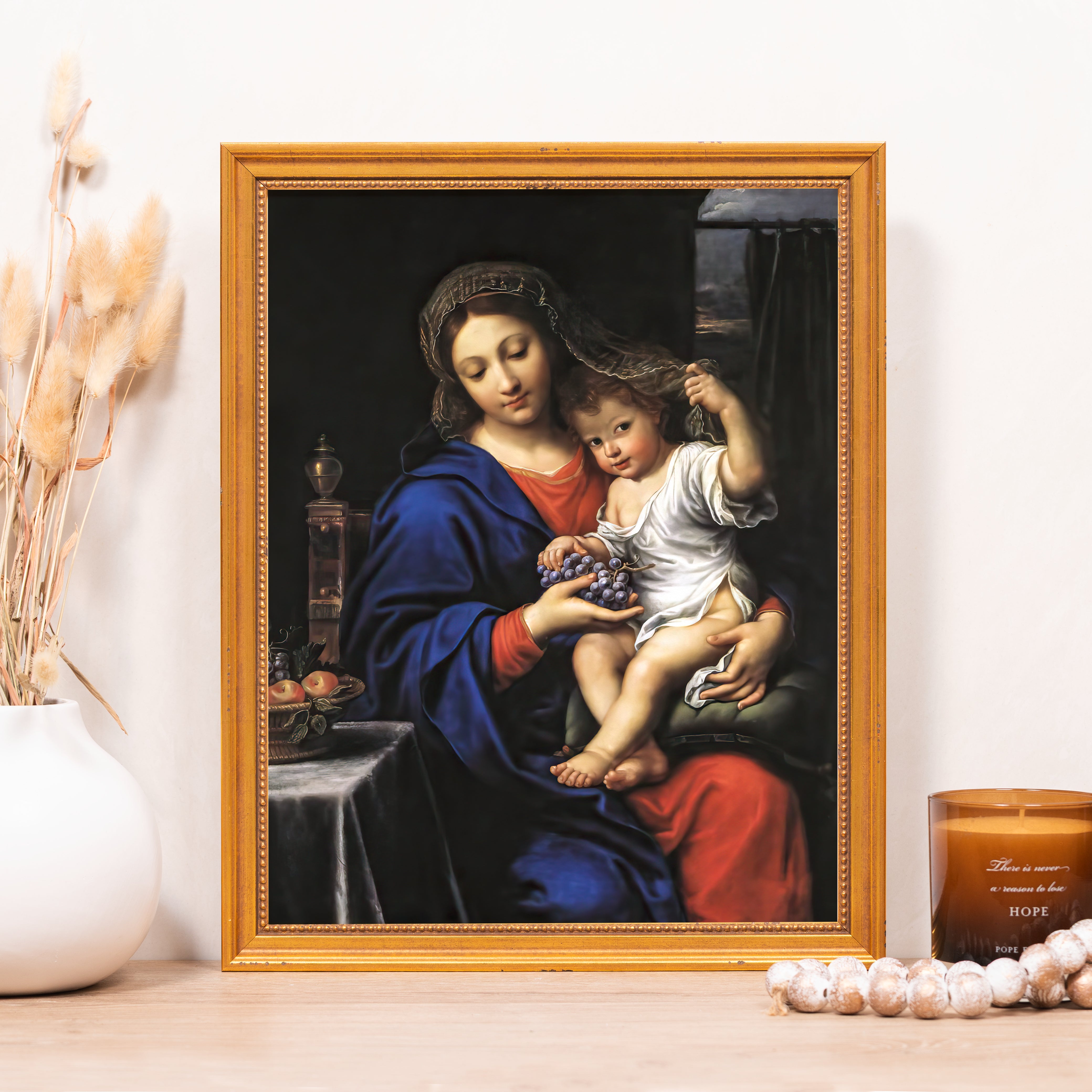 Framed print of Mary and Jesus, Renaissance style, gold frame.
