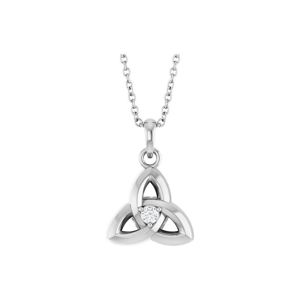 Silver, Celtic knot pendant necklace with central gemstone accent.