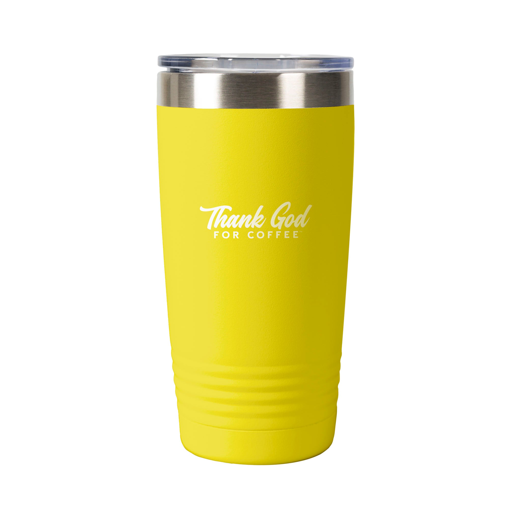 Yellow insulated tumbler with "Thank God for Coffee" text and a silver lid.