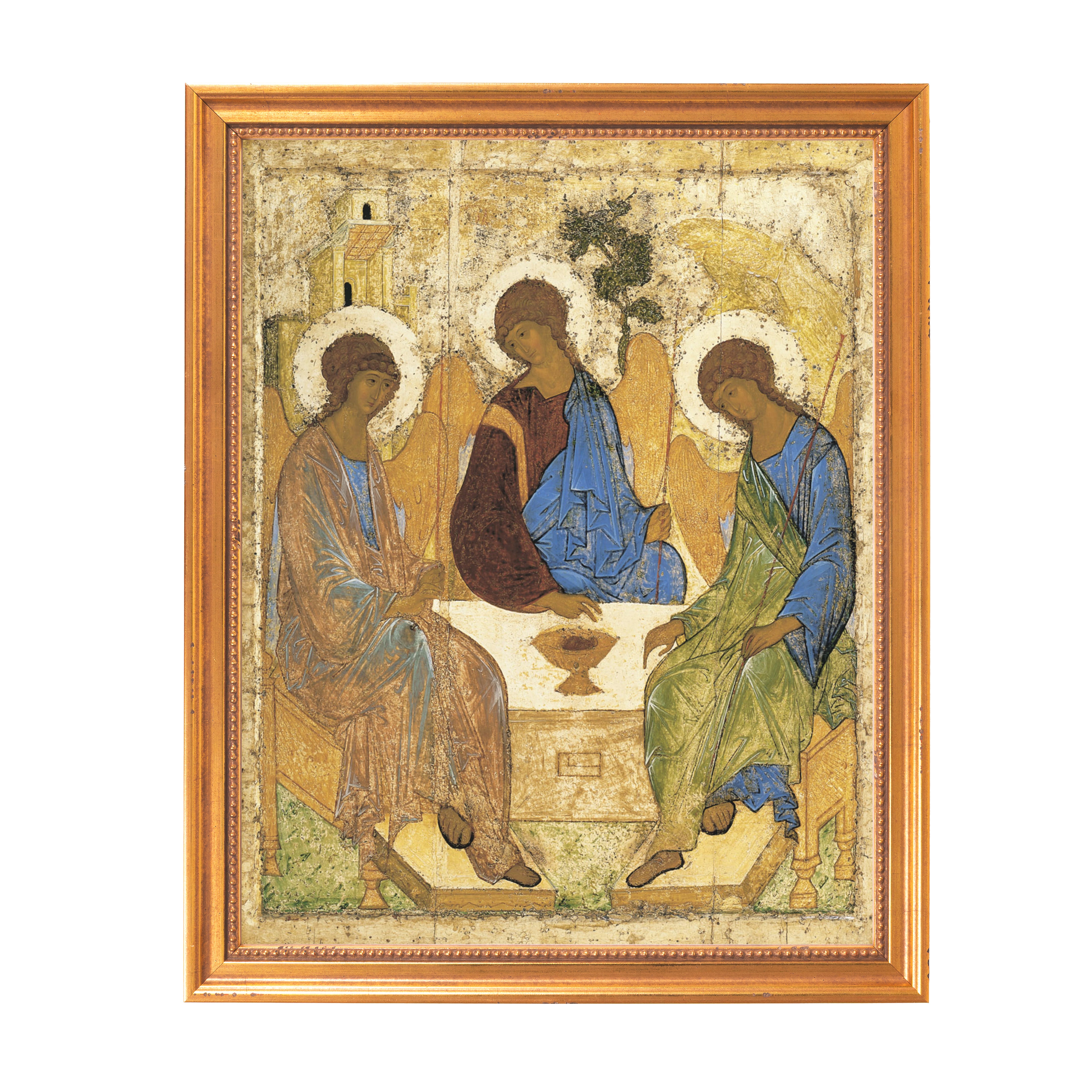 Framed Orthodox icon depicts three seated angels at a table with halos, rendered in gold, blue, and brown hues.