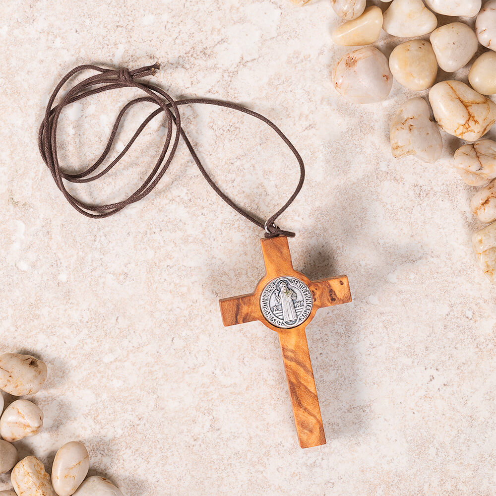 Olive Wood St. Benedict Crucifix Corded Necklace