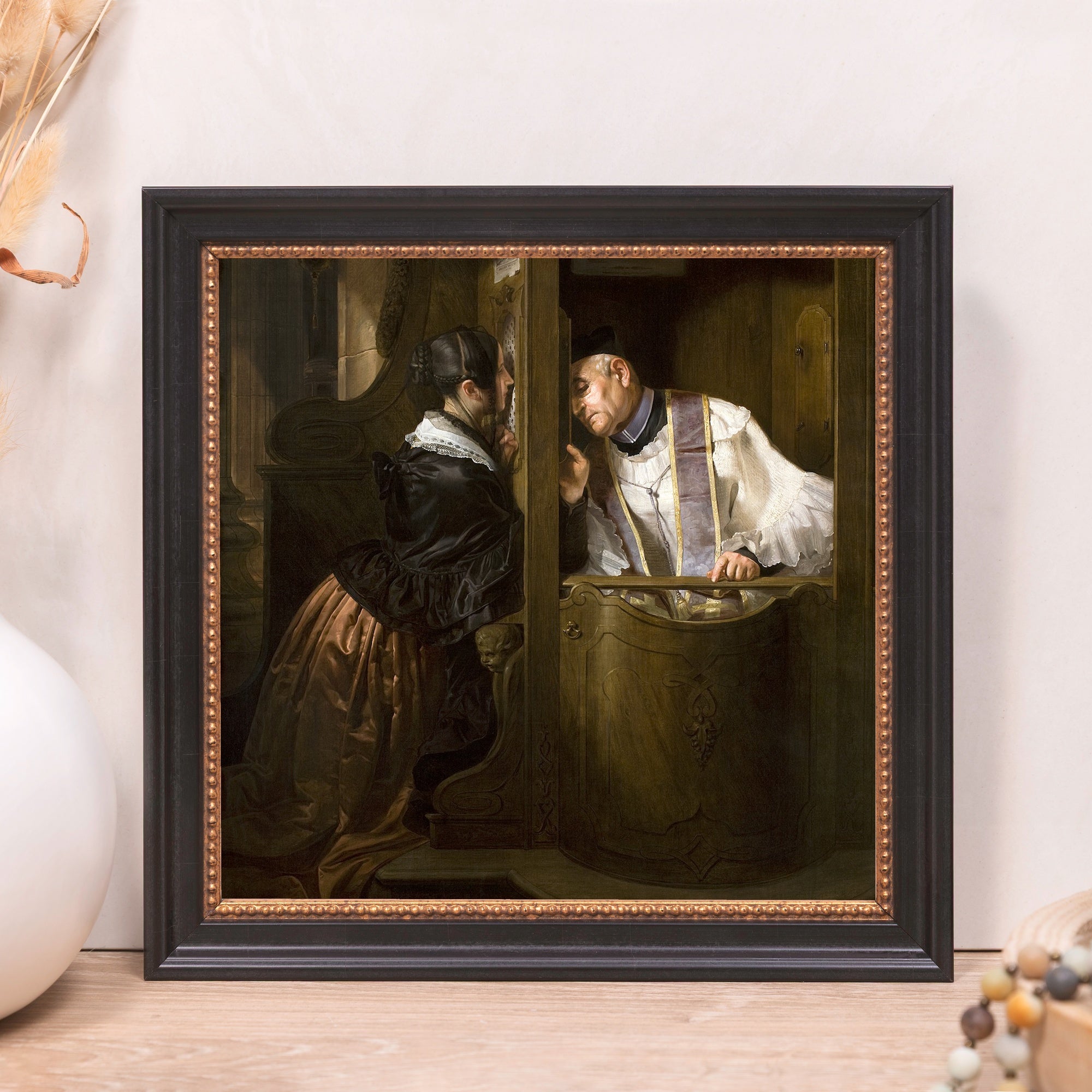 Framed art print of oil painting depicting a woman confessing to a priest in a dark wooden confessional.