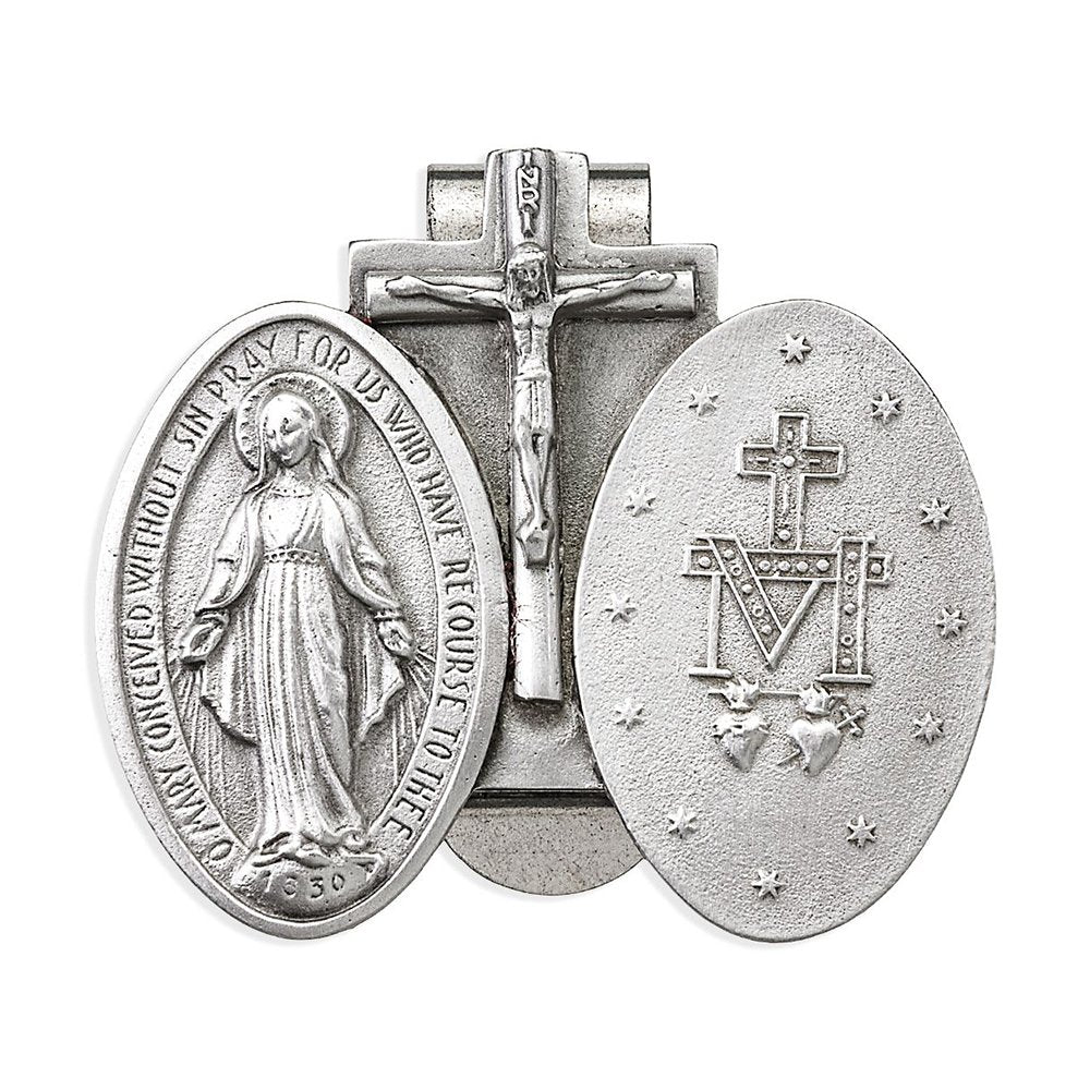Antique Silver Miraculous Medal & Crucifix Visor Clip