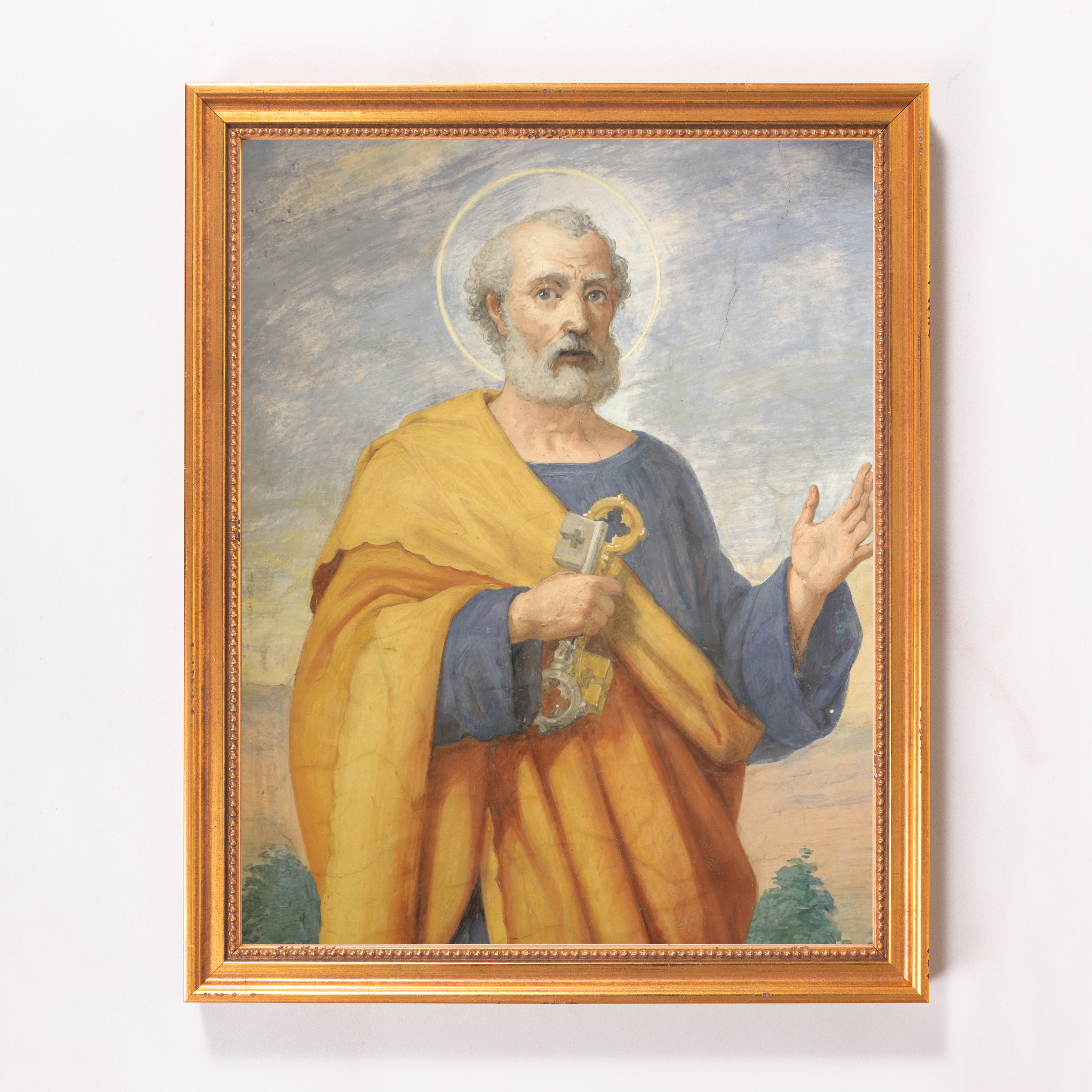 Framed Painting of a man holding keys, with a gold frame.