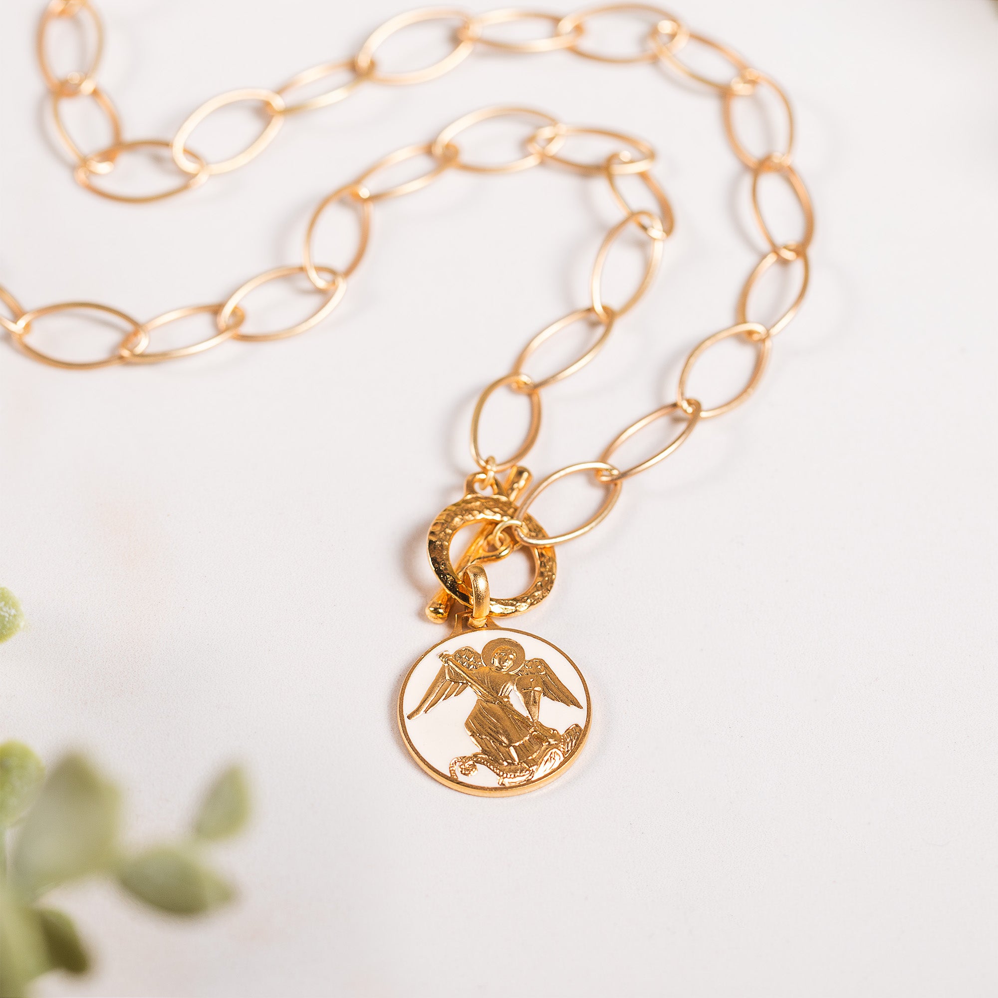 Handcrafted White Enamel St. Michael Necklace