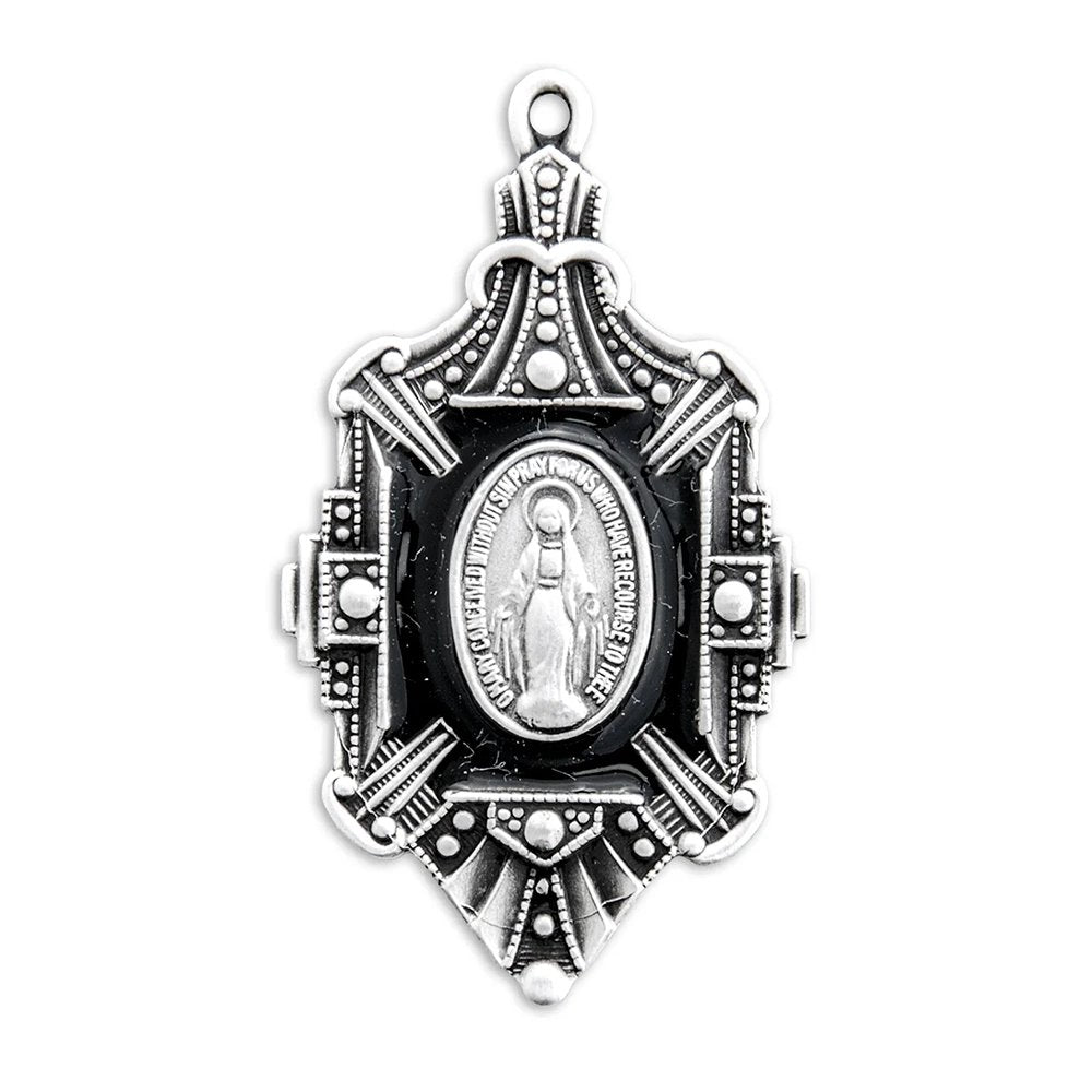 Silver & Black Art Deco Style Miraculous Medal Necklace