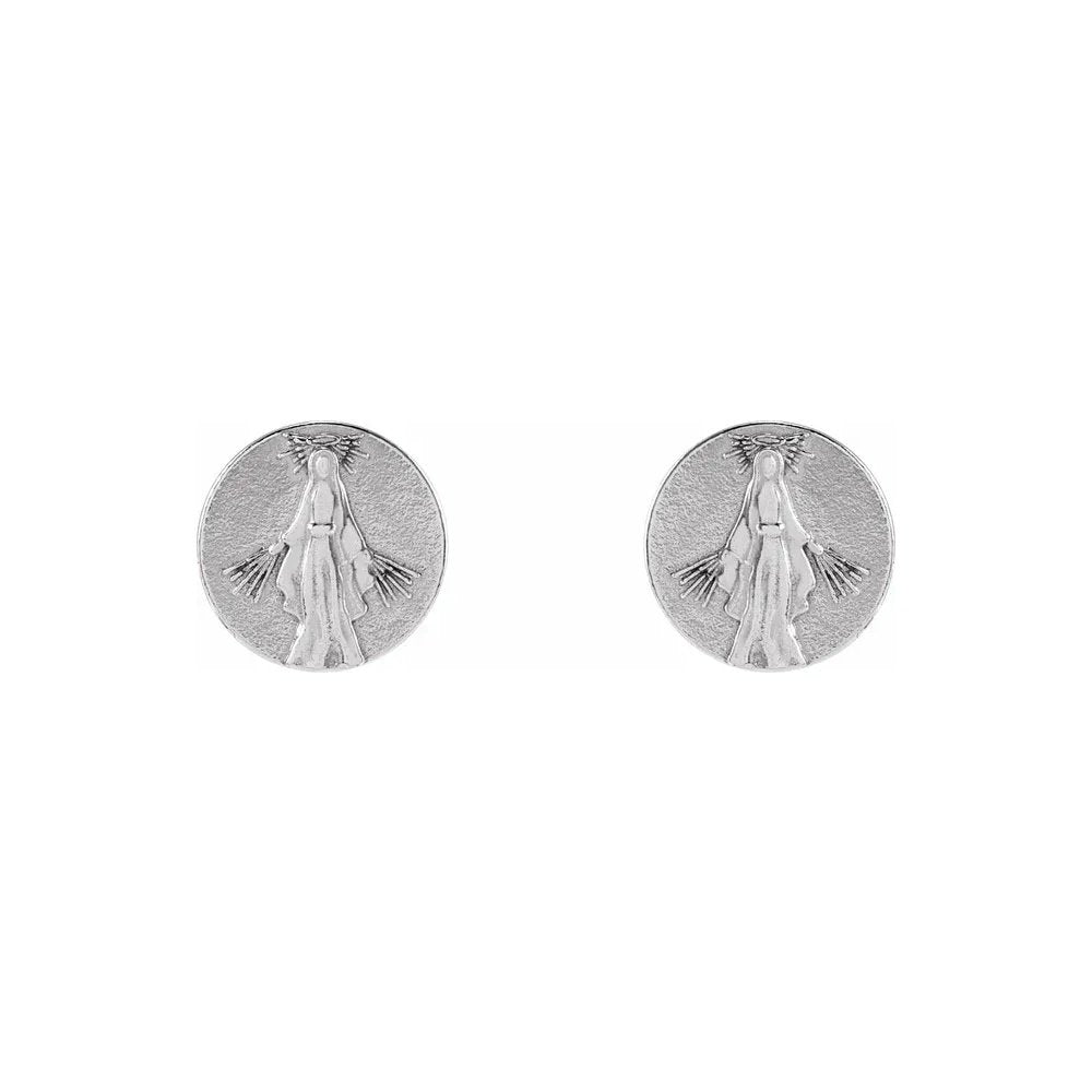 Silver-tone stud earrings with a raised, circular design of the Virgin Mary figure.