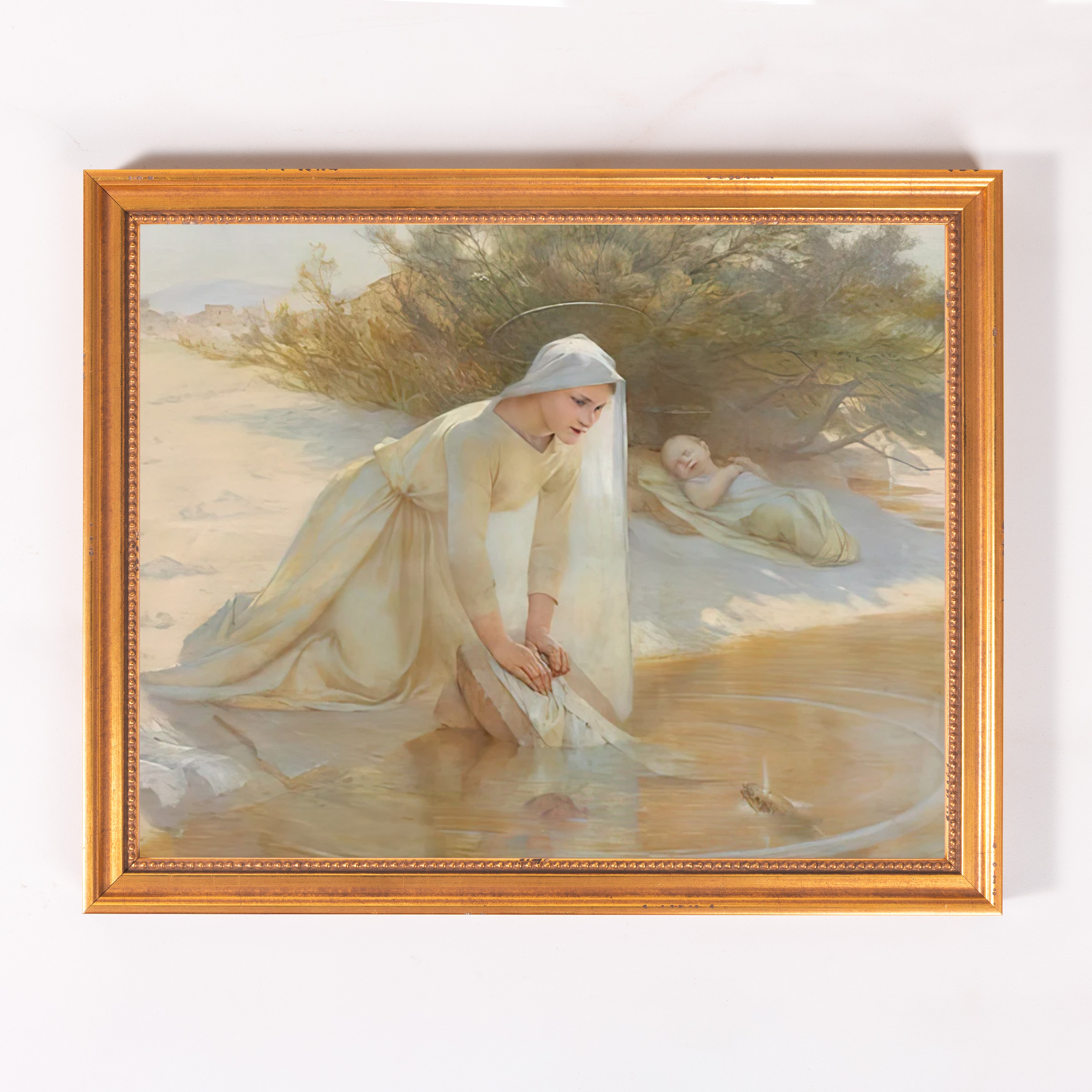 Framed Painting shows mother with child in water.