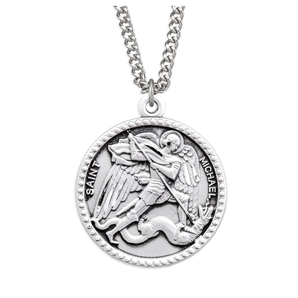 Sterling Silver St. Michael Medal Necklace with Beaded Border