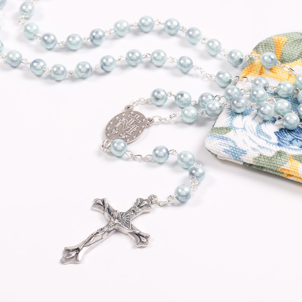 Marian Blue Pearl Rosary in Rose Garden Pouch