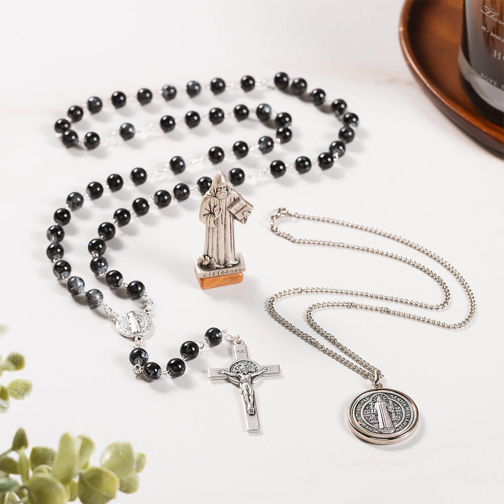 St. Benedict Rosary, Necklace, & Figurine Gift Set