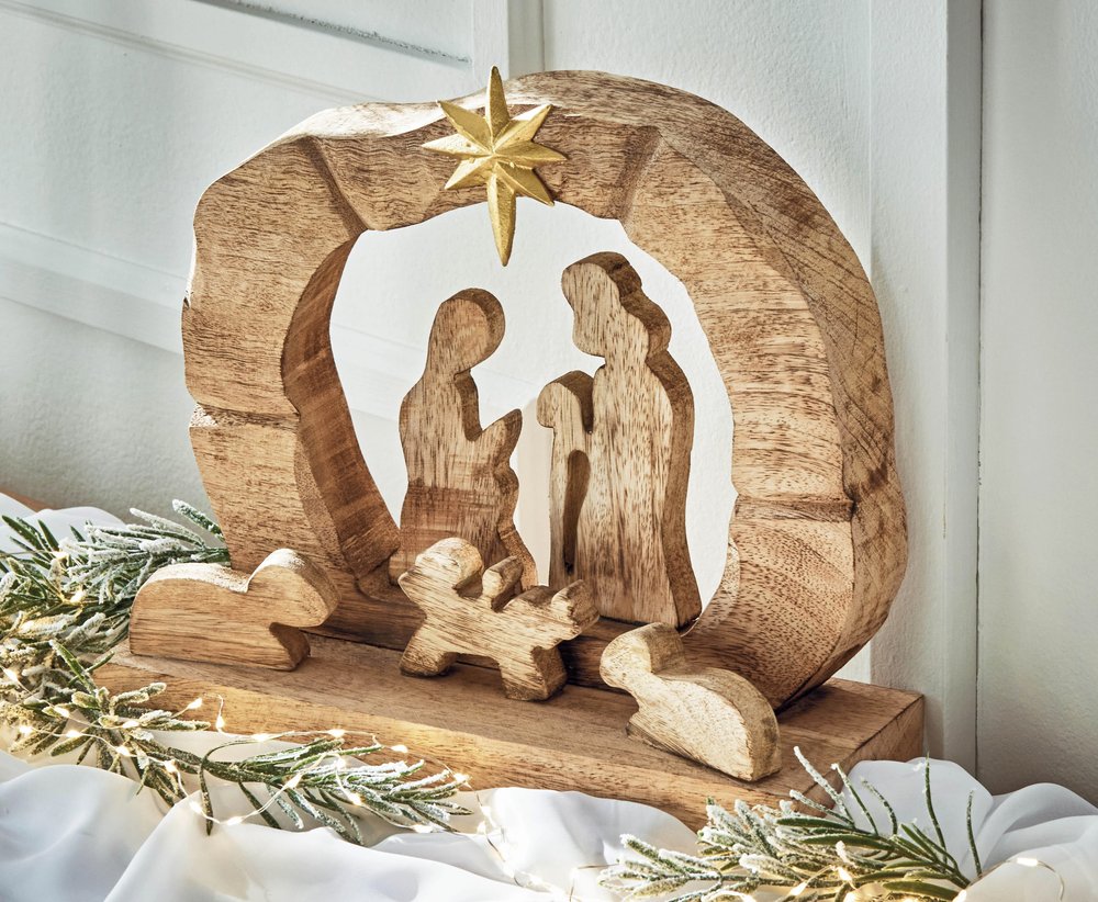 Handcrafted Mango Wood Carved One-Piece Nativity Scene - 11" (H)