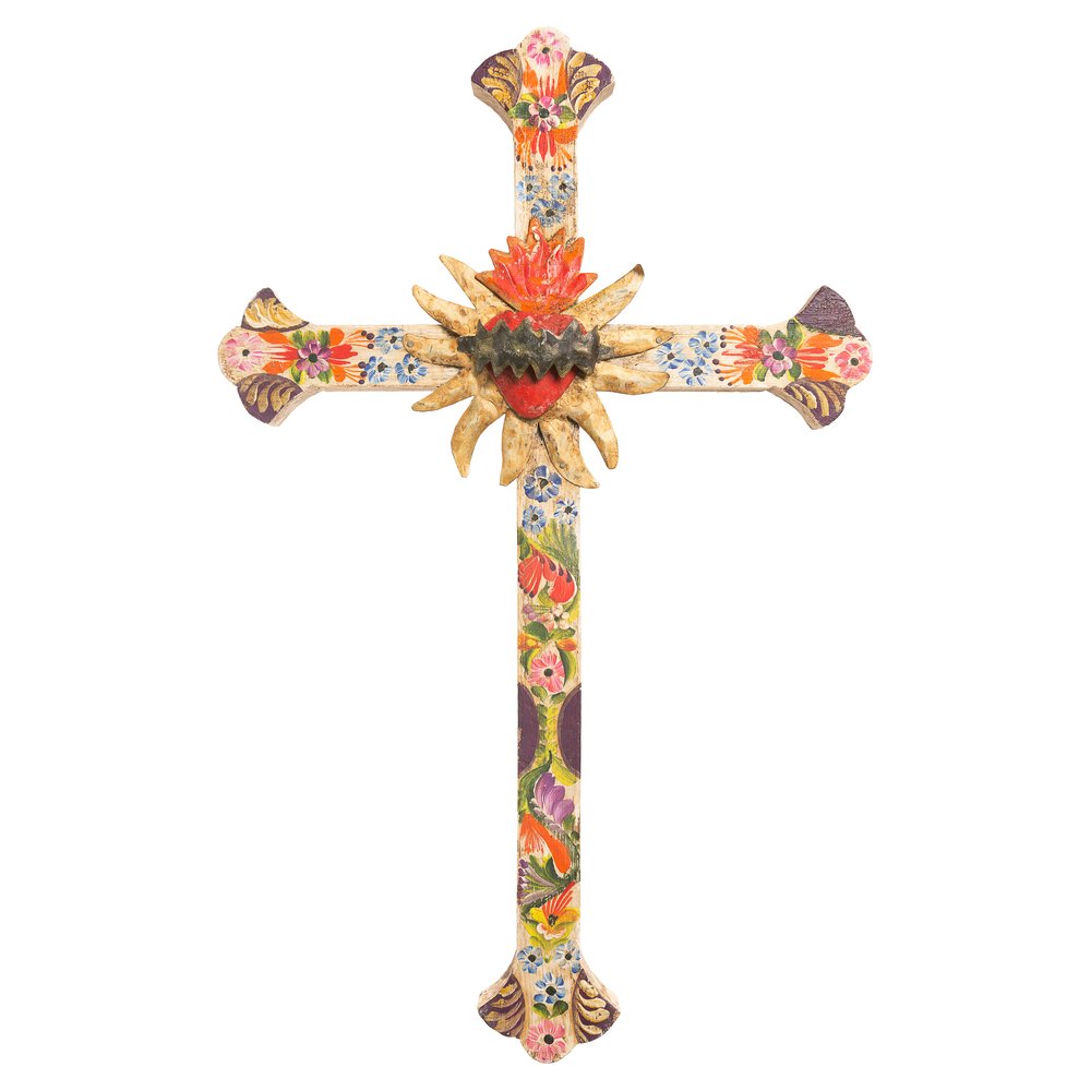 Floral Sacred Heart Mexican Wall Cross - 20"