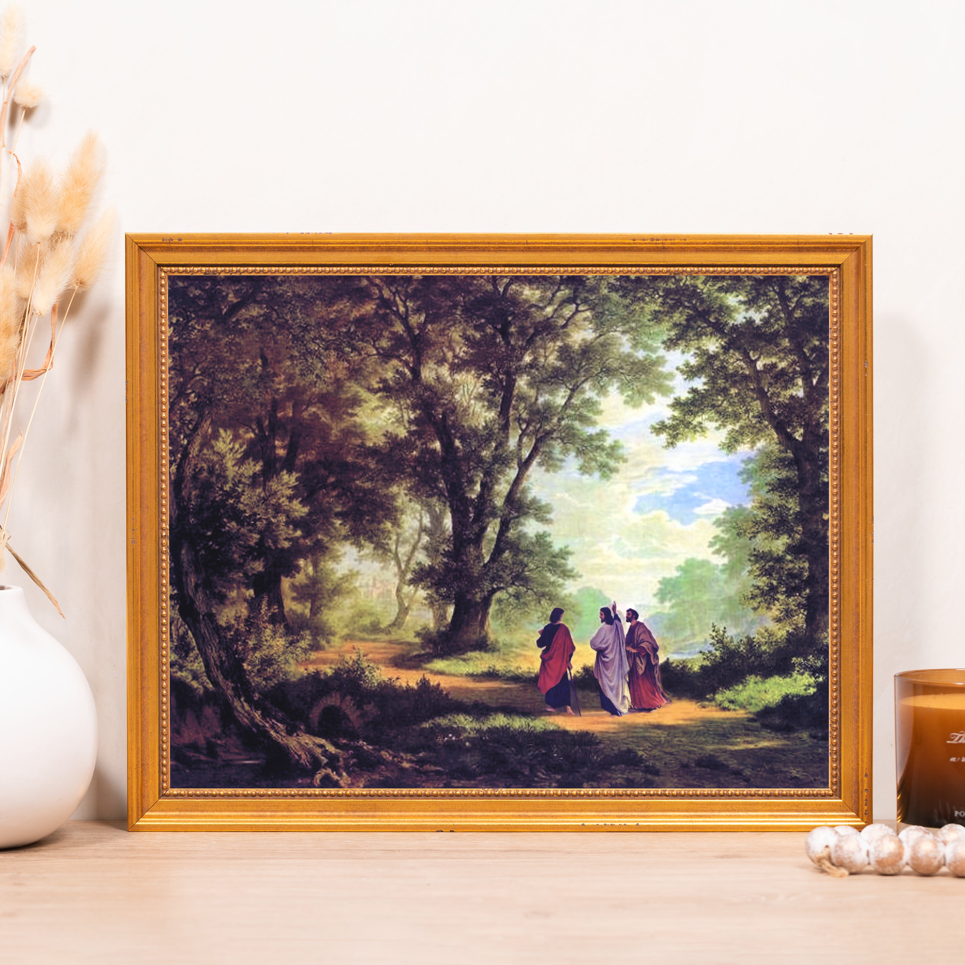 Framed print of "Christ and His Companions" in a gilded frame.