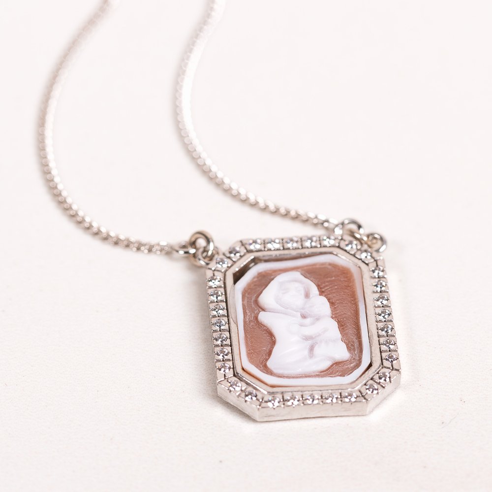 Sterling Silver & Crystal Madonna & Child Cameo Necklace