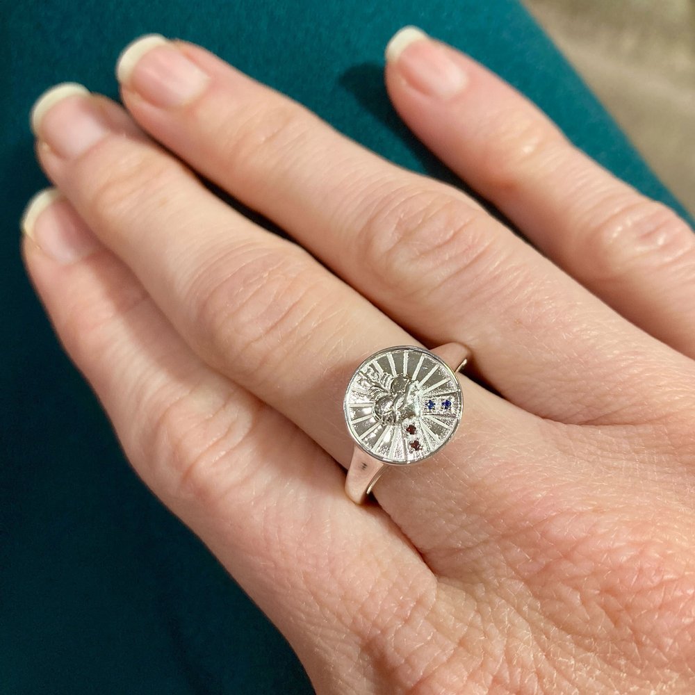 Sterling Silver Sapphire & Garnet Sacred Heart & Divine Mercy Ring