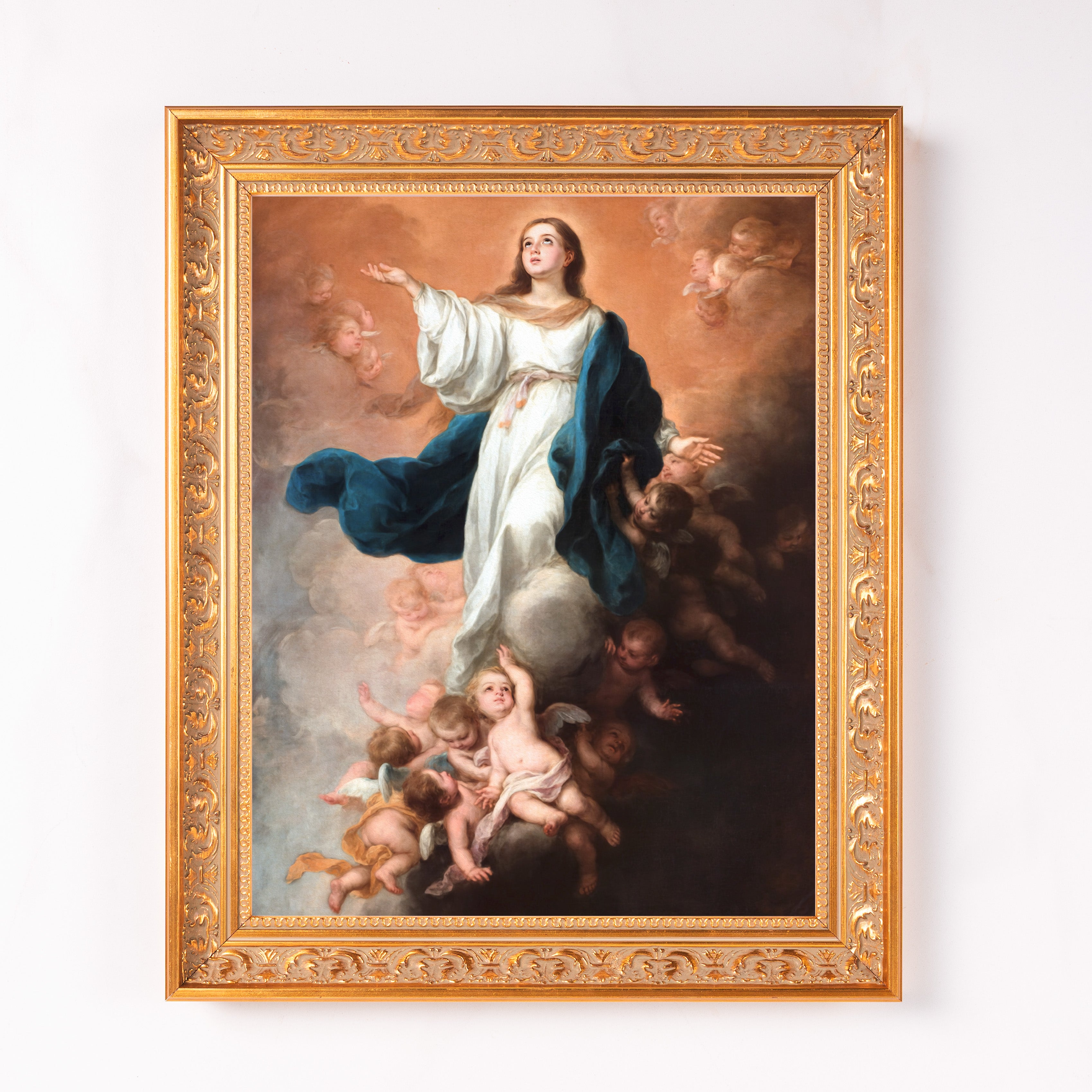 Framed canvas art print depicting Mary surrounded by cherubs in an old-fashioned style.