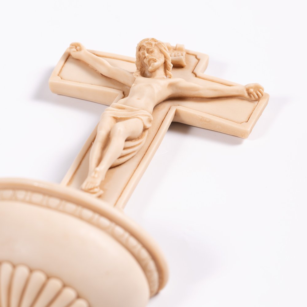 Ivory Finish Crucifix Holy Water Font - 10"