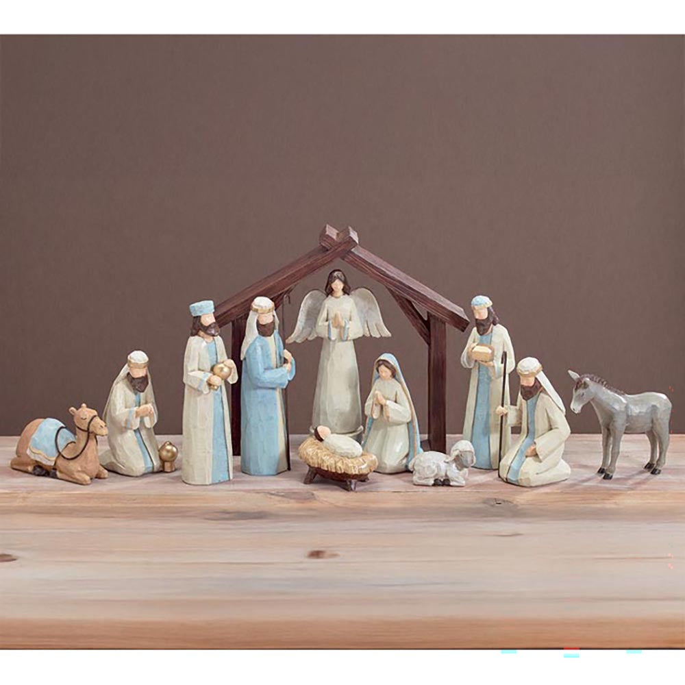 Primitive Nativity Scene with Blue Accents - 11 Pieces