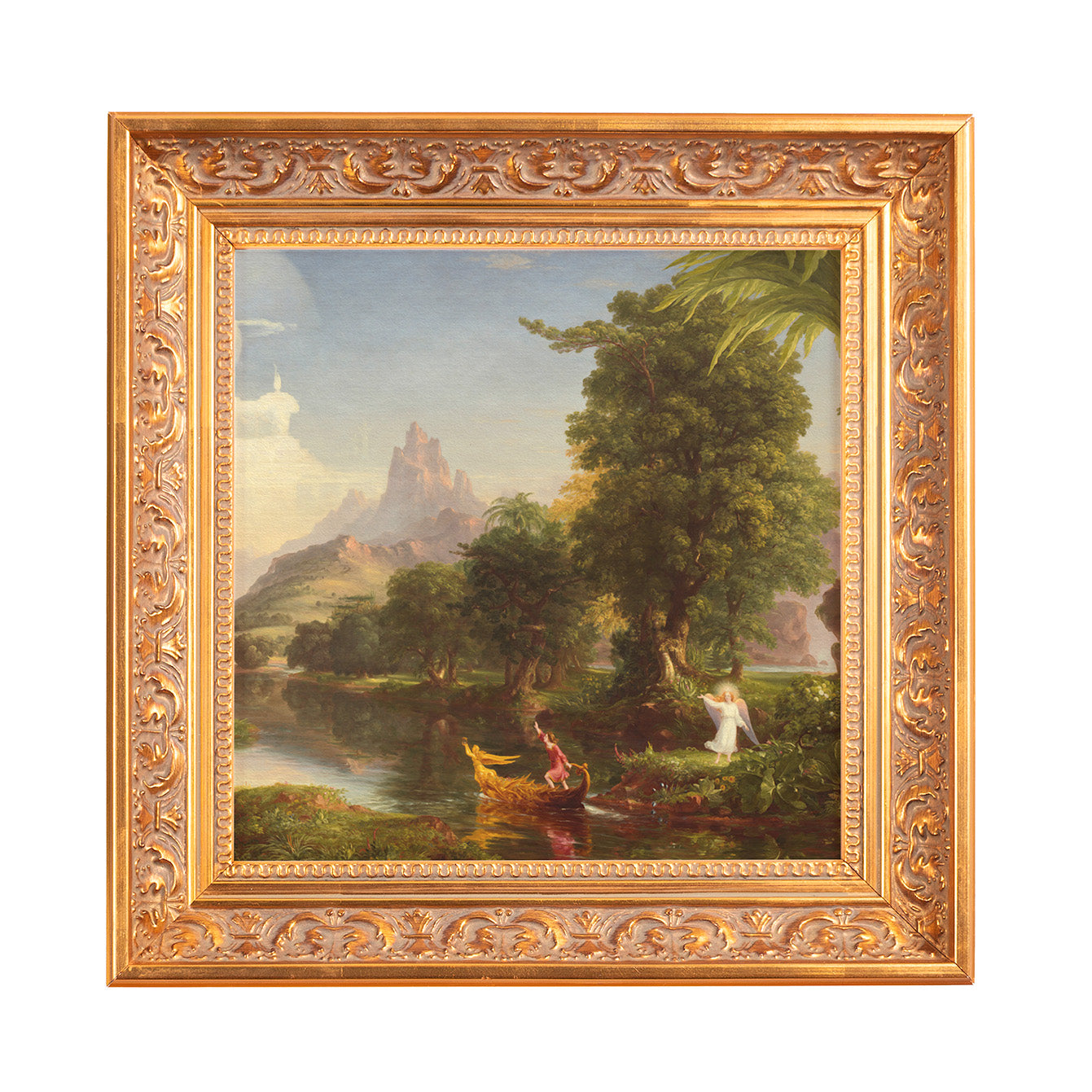 Framed oil painting featuring a landscape with figures, in a gold ornate frame.
