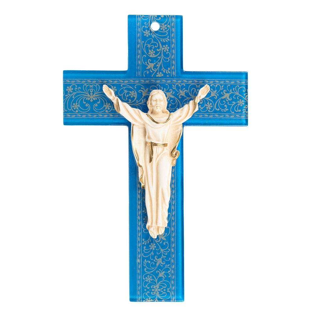 Blue Murano Glass Risen Christ Crucifix - 10"