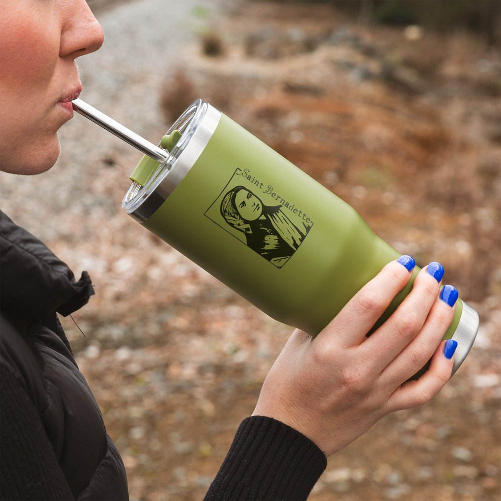 Green St. Bernadette Stainless Steel Tumbler with Straw