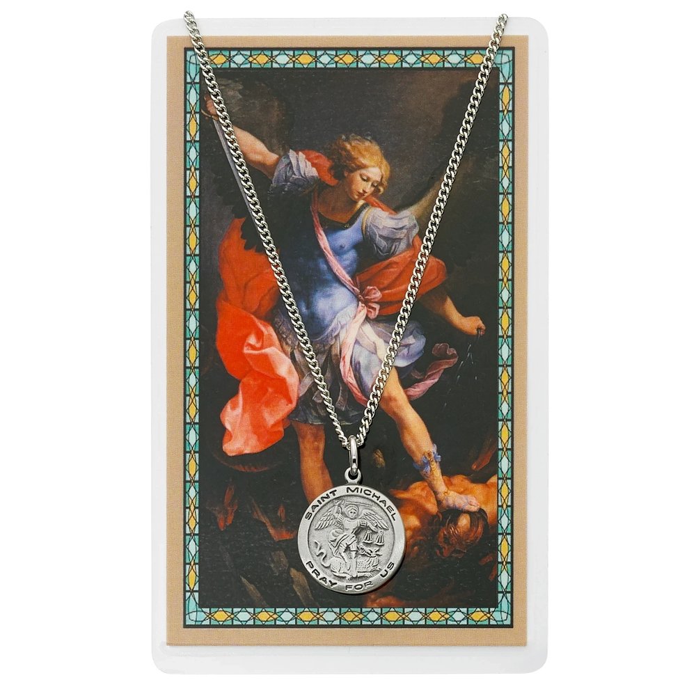St. Michael Round Necklace & Laminated Prayer Card Set - 18"