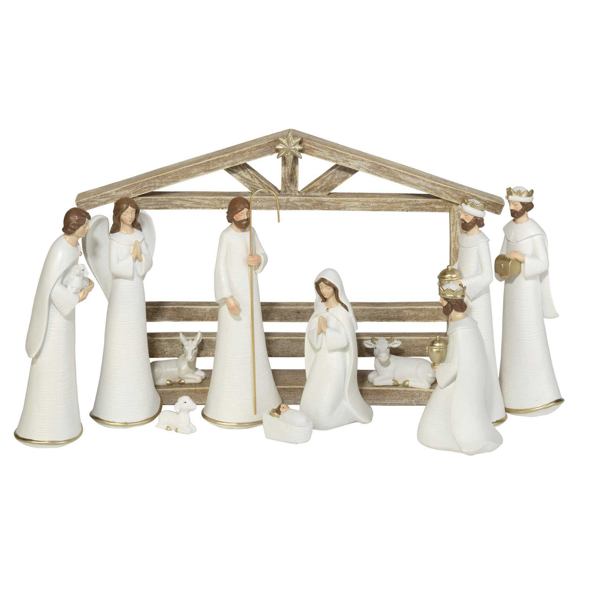 White & Gold Nativity Set with Rustic Creche – 11 Pieces