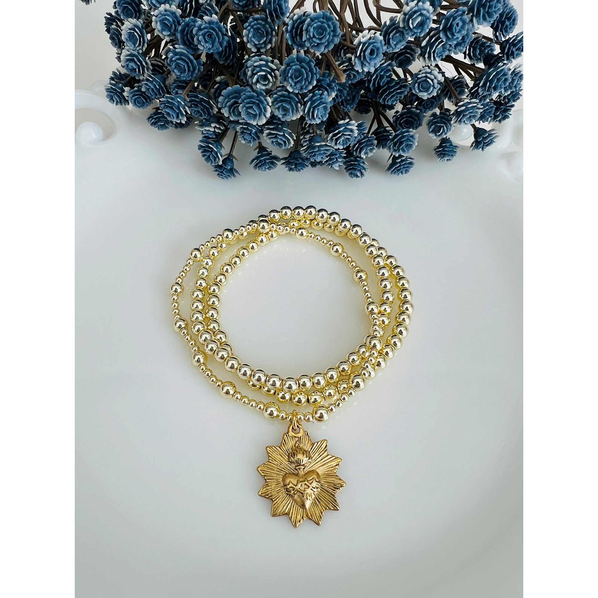 Vintage Sacred Heart Sunburst Gold Bracelet Set - 3 Pieces