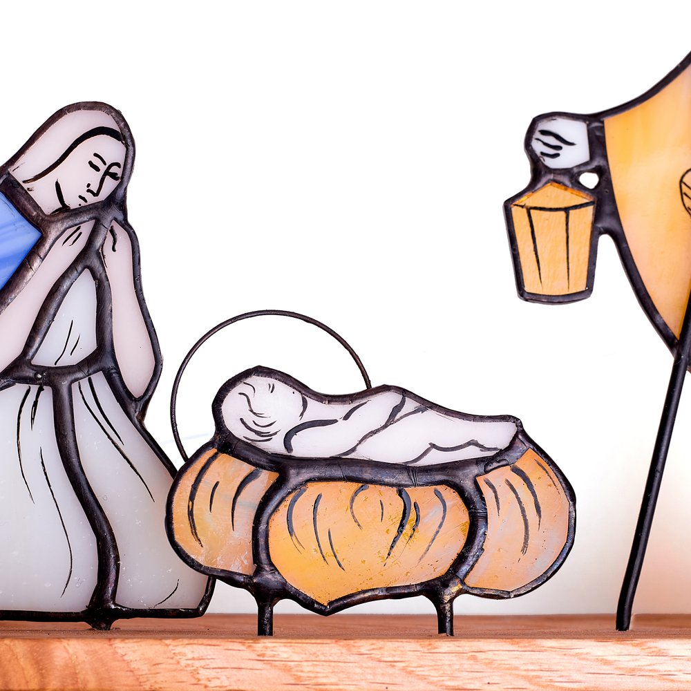 Handcrafted Stained Glass Nativity Scene with Wooden Stable