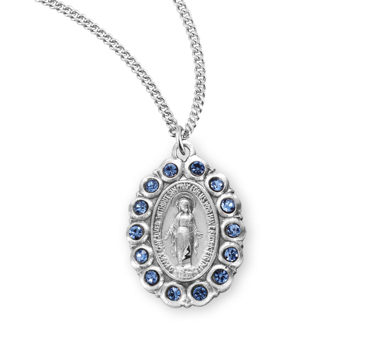 Sterling Silver Oval Miraculous Medal w/ Light Sapphire