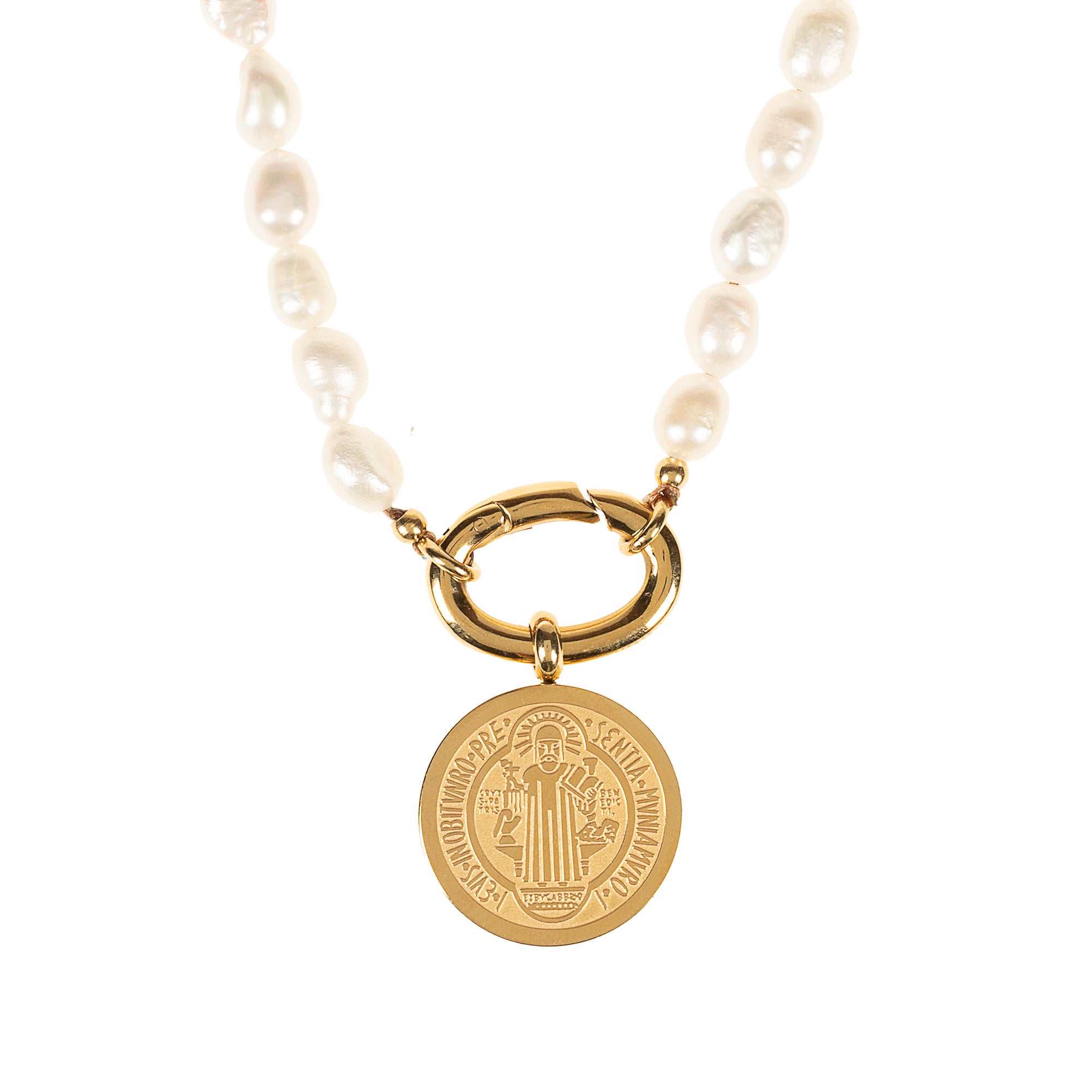 Freshwater Pearl & Gold St. Benedict Medal Necklace - Small or Large