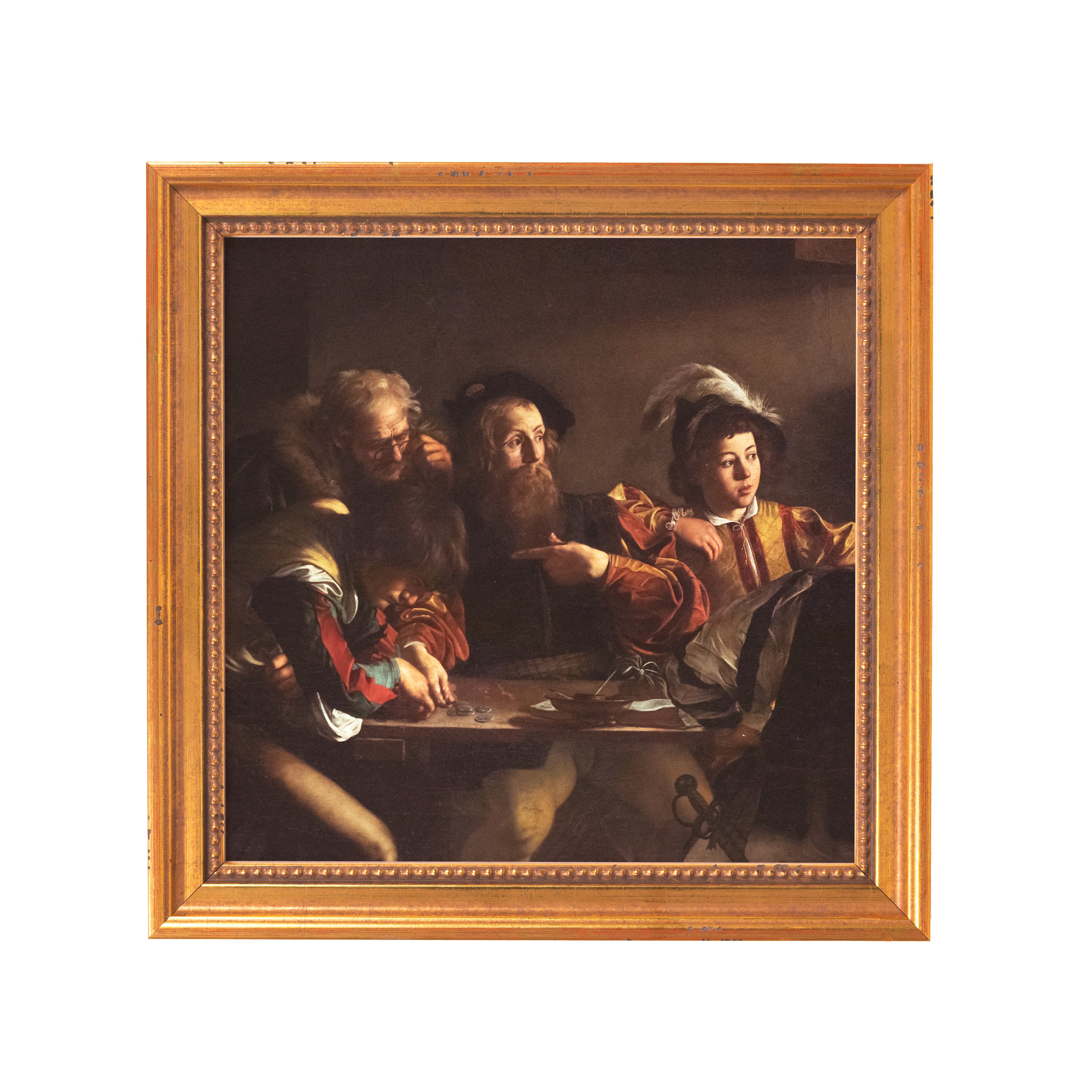 Framed painting depicts three men counting coins on a table with a dark background and gold frame.