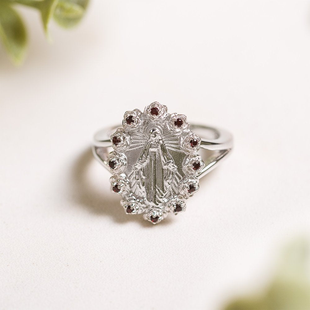 Sterling Silver Miraculous Medal & Rose Halo Ring - Multiple Sizes