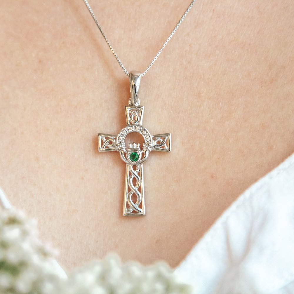 Sterling Silver Green Crystal Claddagh Cross