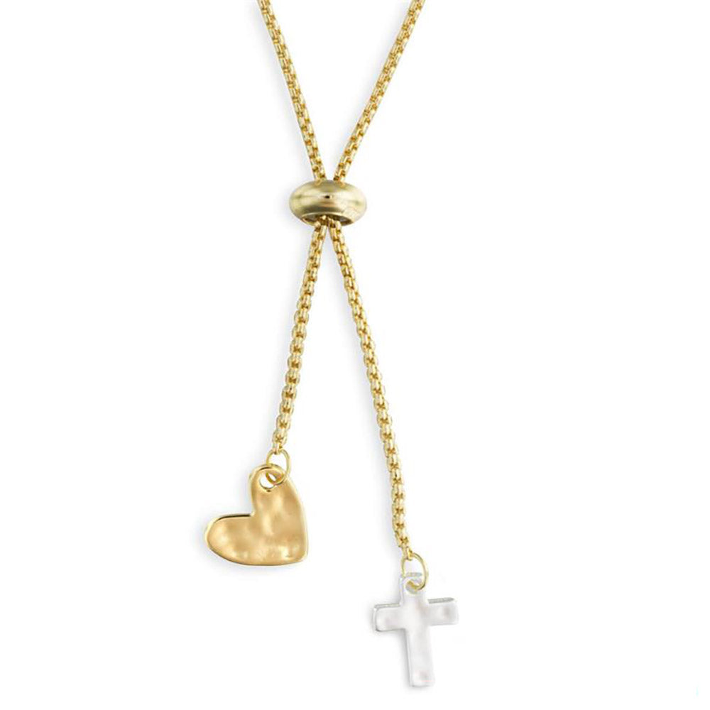 Adjustable Gold Cross & Heart Lariat Necklace