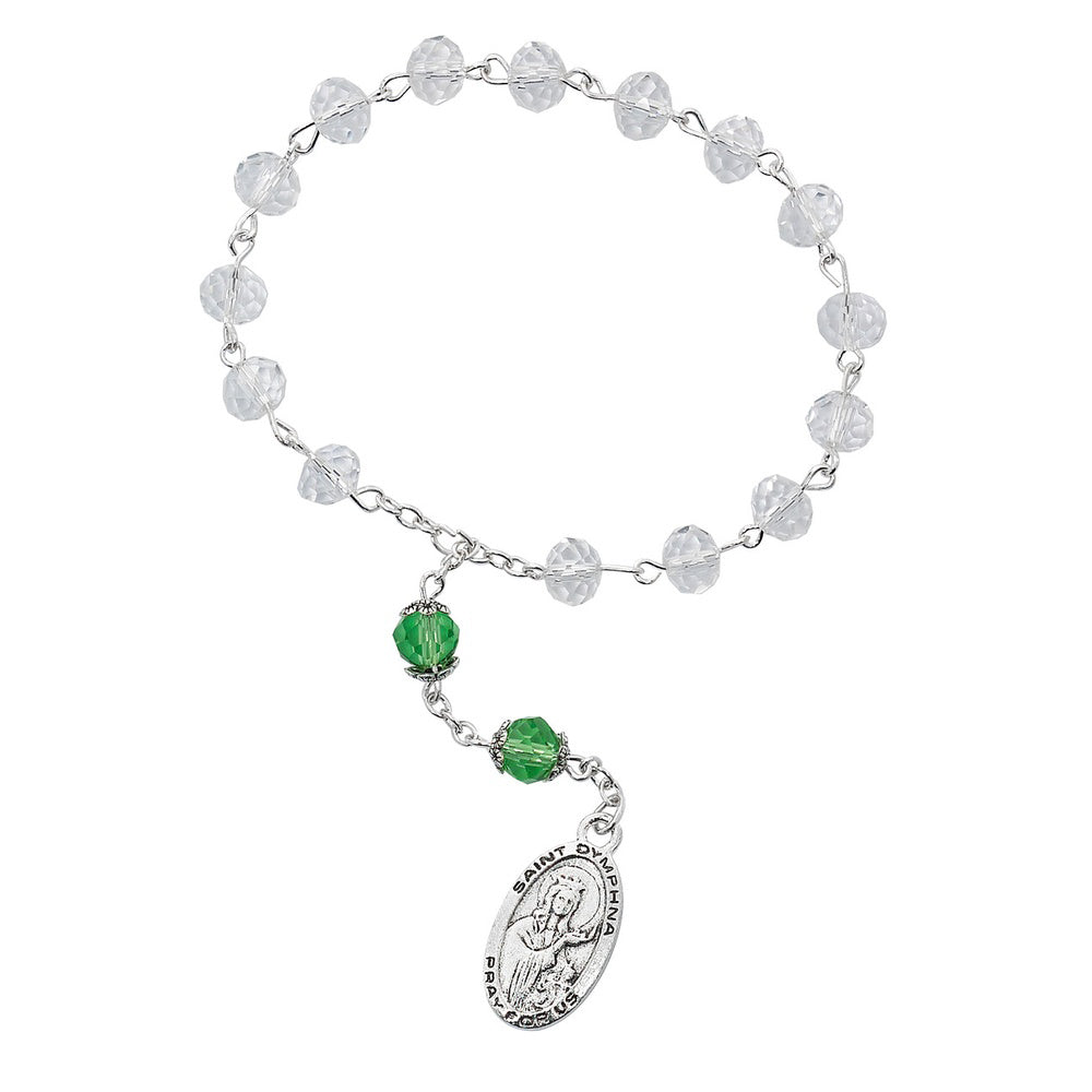 Clear & Emerald Green Crystal St. Dymphna Chaplet & Prayer Card
