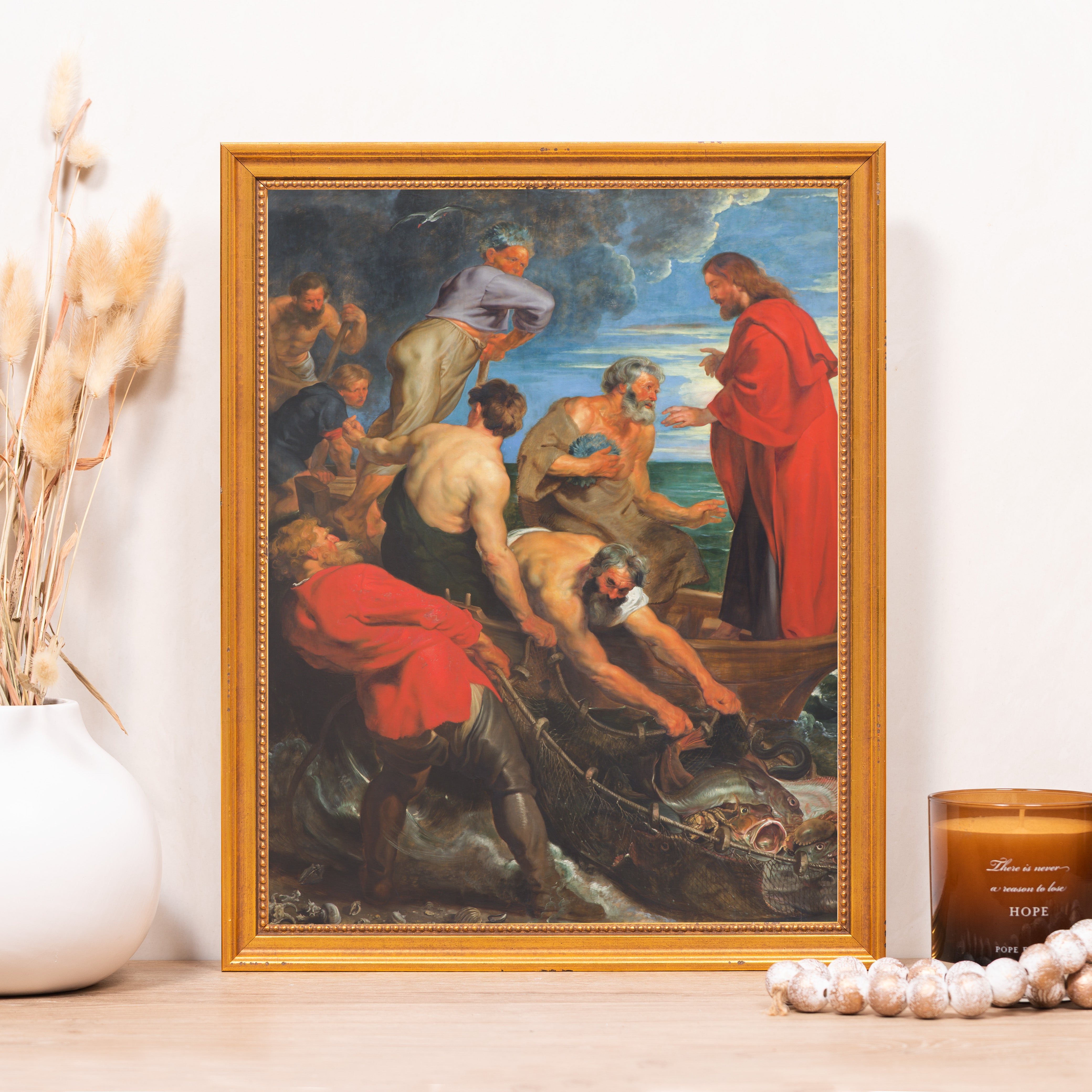 Framed painting of Jesus Christ with fishermen, oil on canvas, gold frame, classical style.